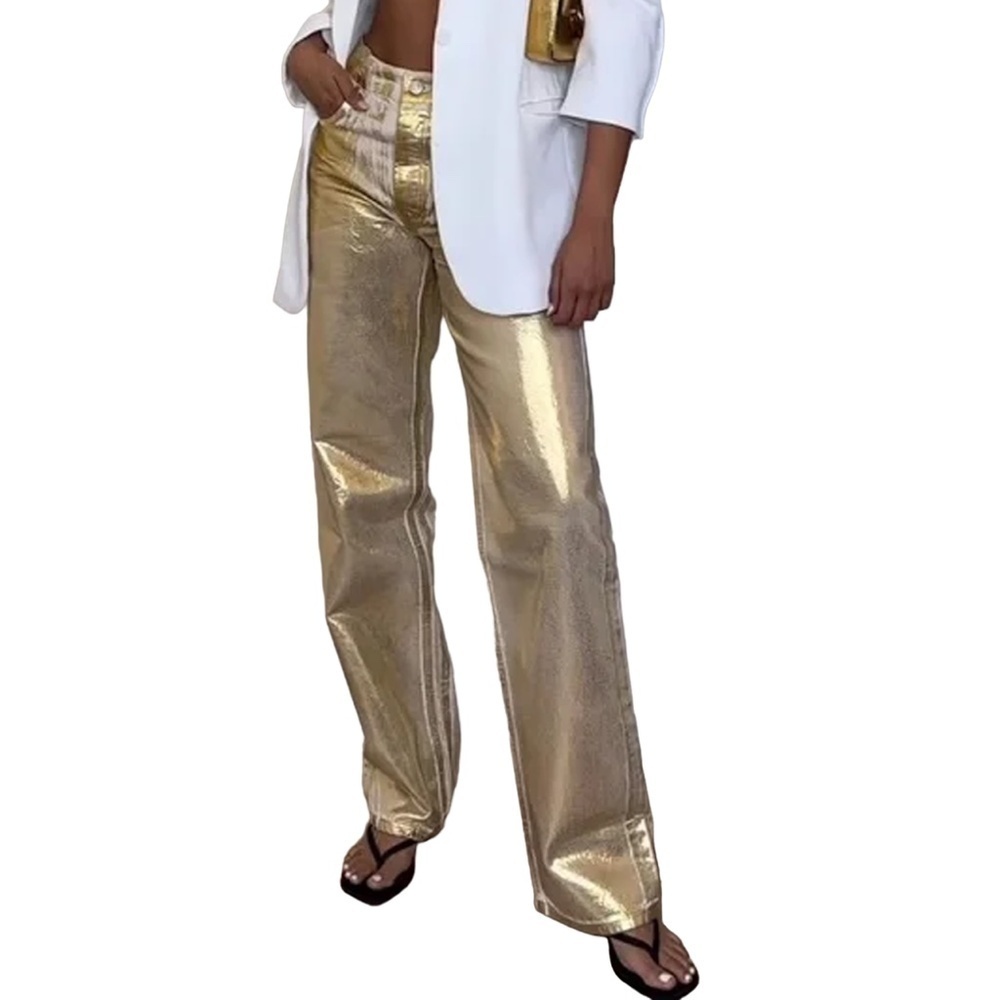 Zara Metallic Gold Jeans Boyfriend Fit Relaxed Pants Trousers Bloggers Fav Rare
